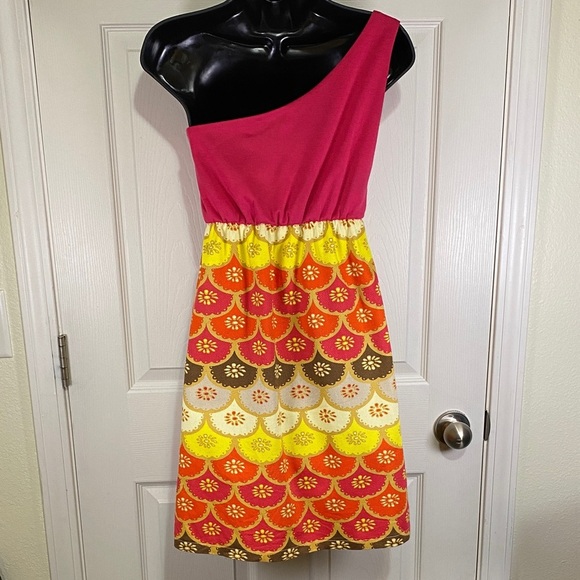 Judith March One-Shoulder Dress in Pink, Yellow and Orange Medium - Picture 3 of 7